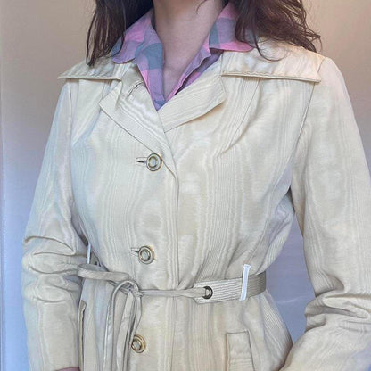 1960s union made butter yellow moire rayon trench coat and pleats on the back