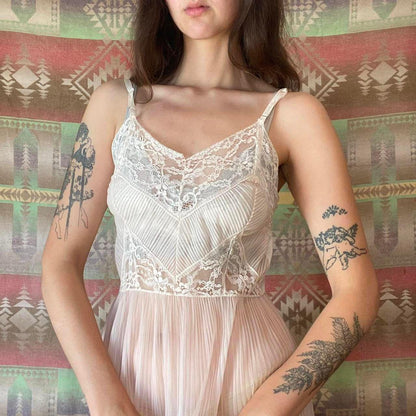 1960s sheer light pink pleated nylon and lace slip dress
