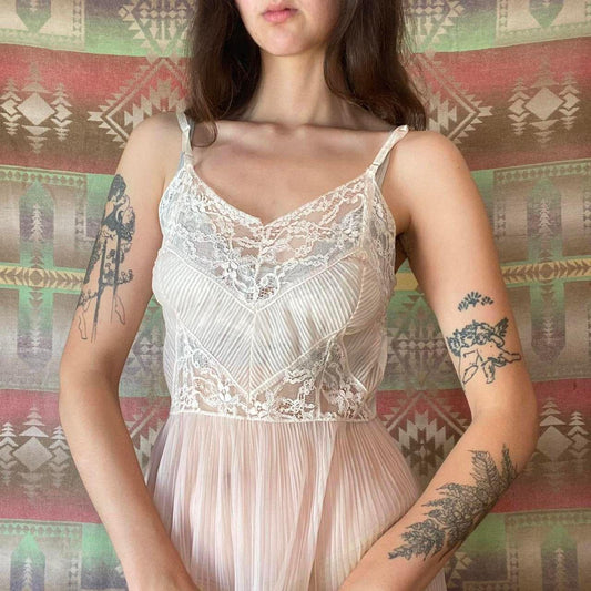 1960s sheer light pink pleated nylon and lace slip dress
