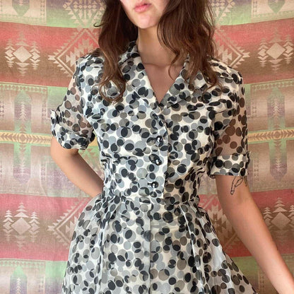 1950s rayon black and white polka dot esque patterned shirt dress