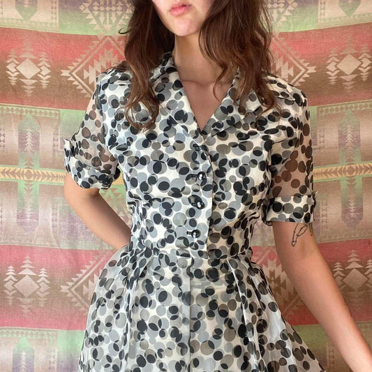 1950s rayon black and white polka dot esque patterned shirt dress