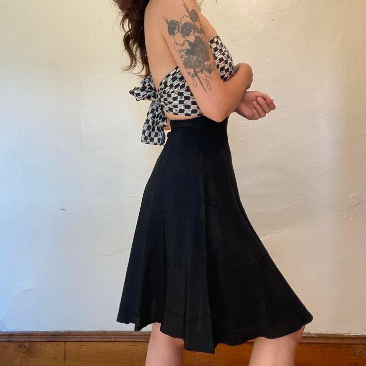 1940s/50s rayon taffeta tiered embroidered black circle skirt