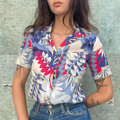 1970s cotton blue floral button up blouse