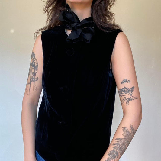 1960s vintage mod velvet button up sleeveless blouse with tie