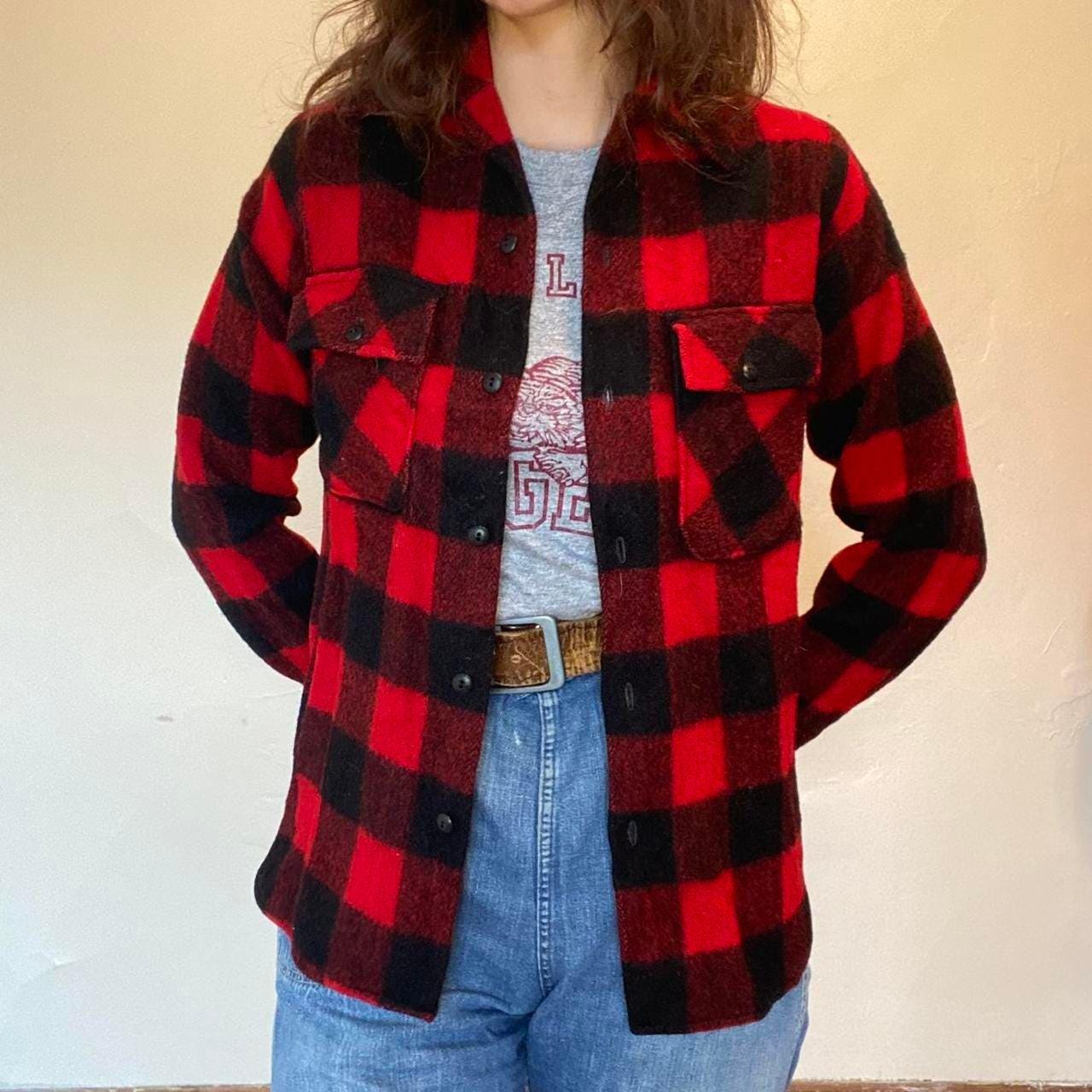 1960s wool black and red buffalo plaid shacket