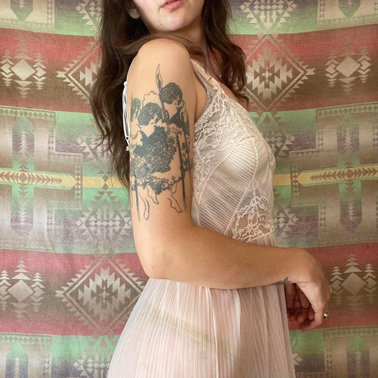 1960s sheer light pink pleated nylon and lace slip dress