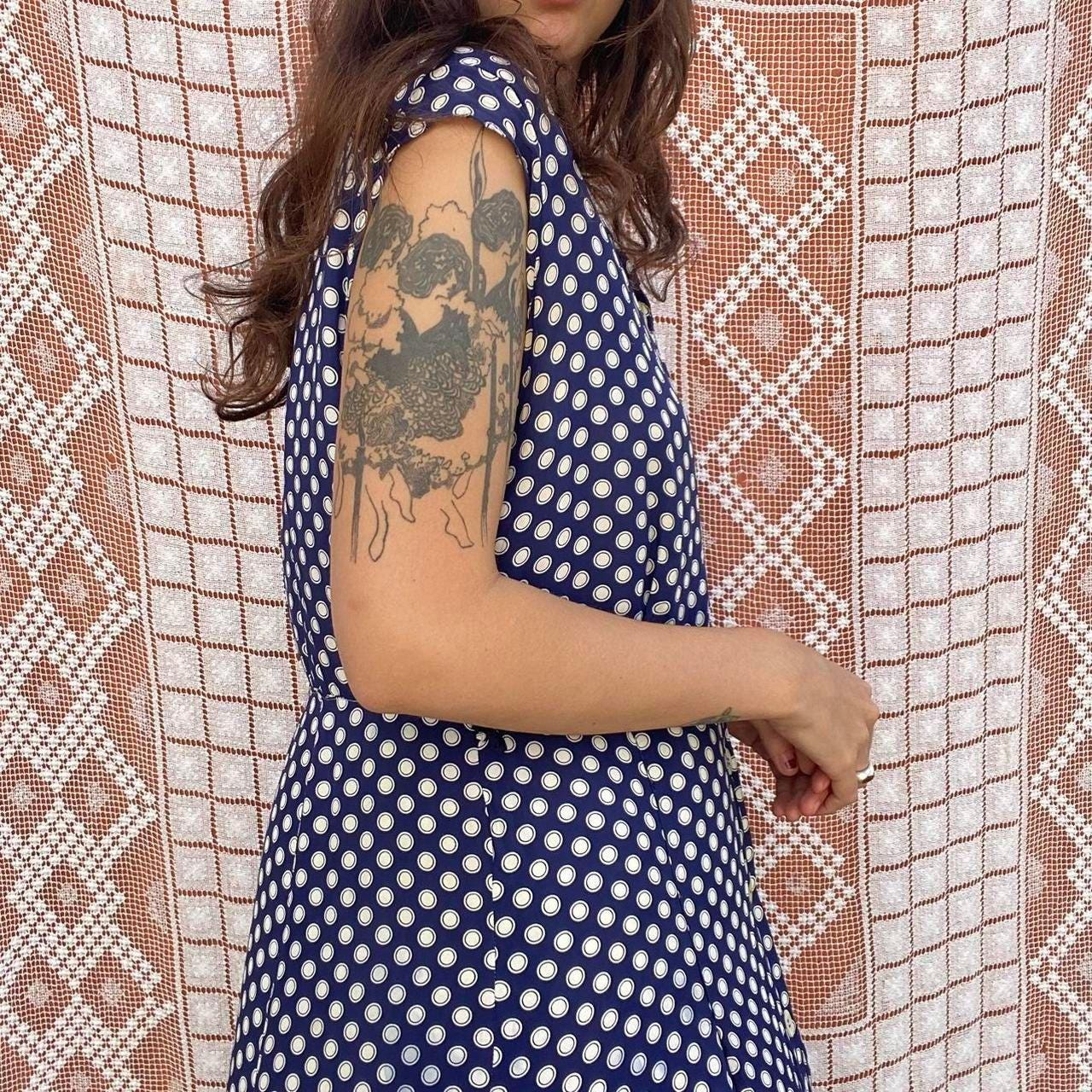 1940s rayon navy polka dot dress