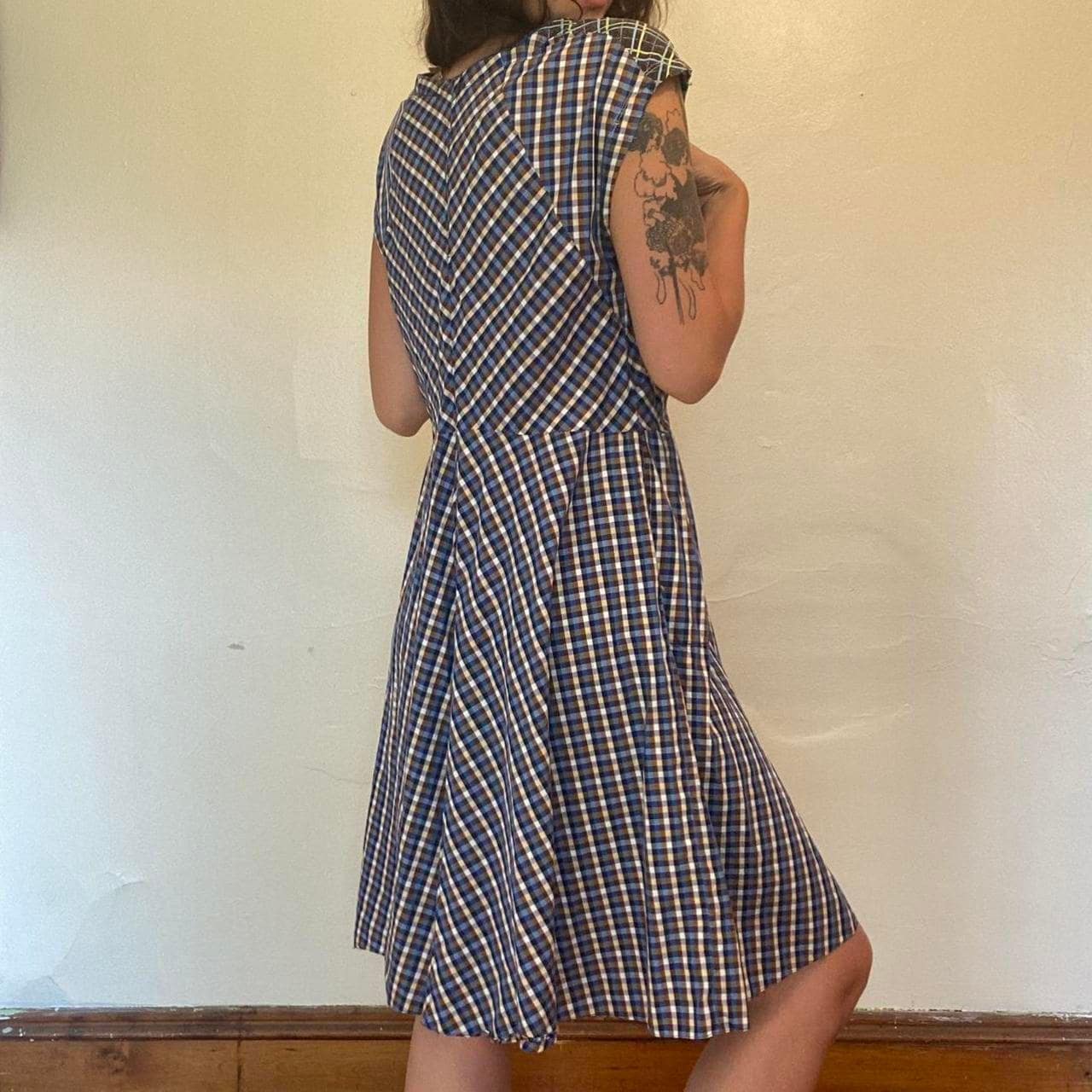 1940s/50s cotton handmade blue plaid a-line dress