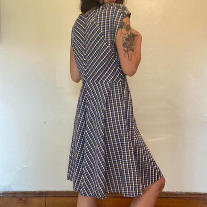 1940s/50s cotton handmade blue plaid a-line dress
