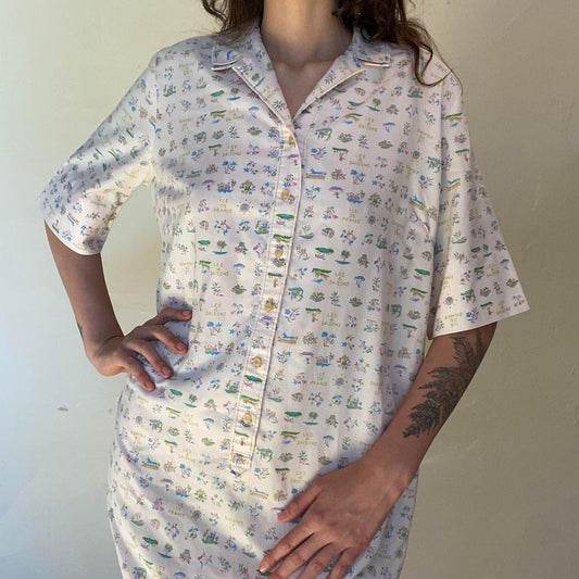 1960s vintage french novelty print "Les 4 Saisons" light pink cotton shift dress