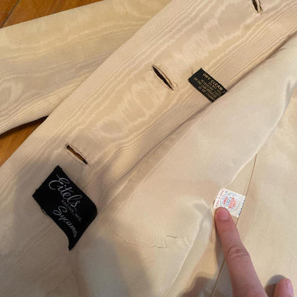 1960s union made butter yellow moire rayon trench coat and pleats on the back