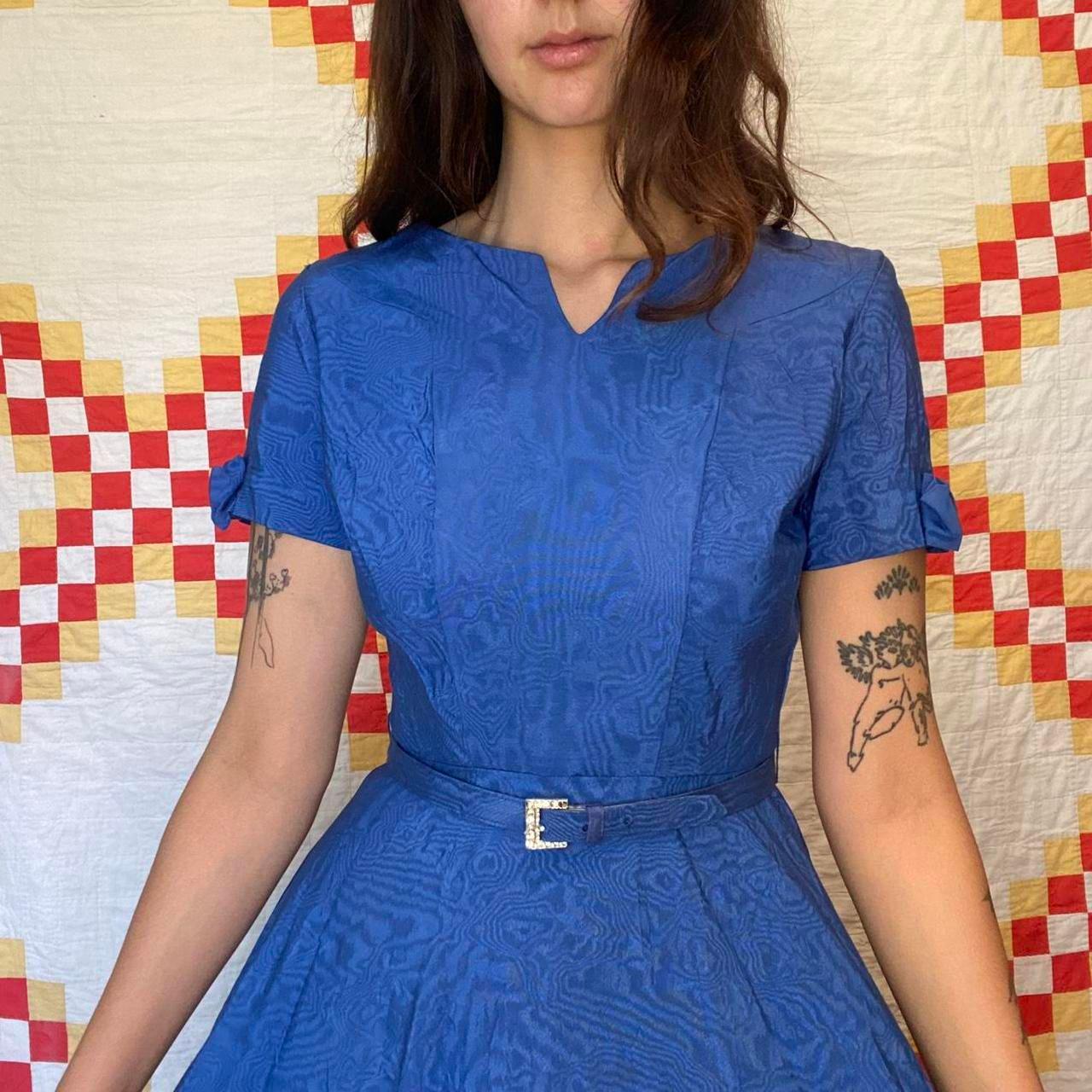 1950s bright blue rayon moire print evening mini dress with matching belt
