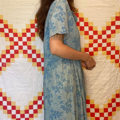 1940s overdyed blue floral paisley boho cotton shirt dress