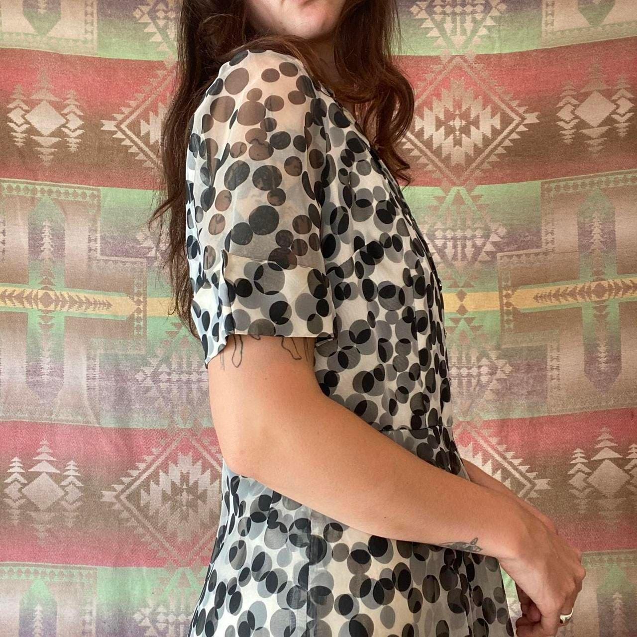 1950s rayon black and white polka dot esque patterned shirt dress