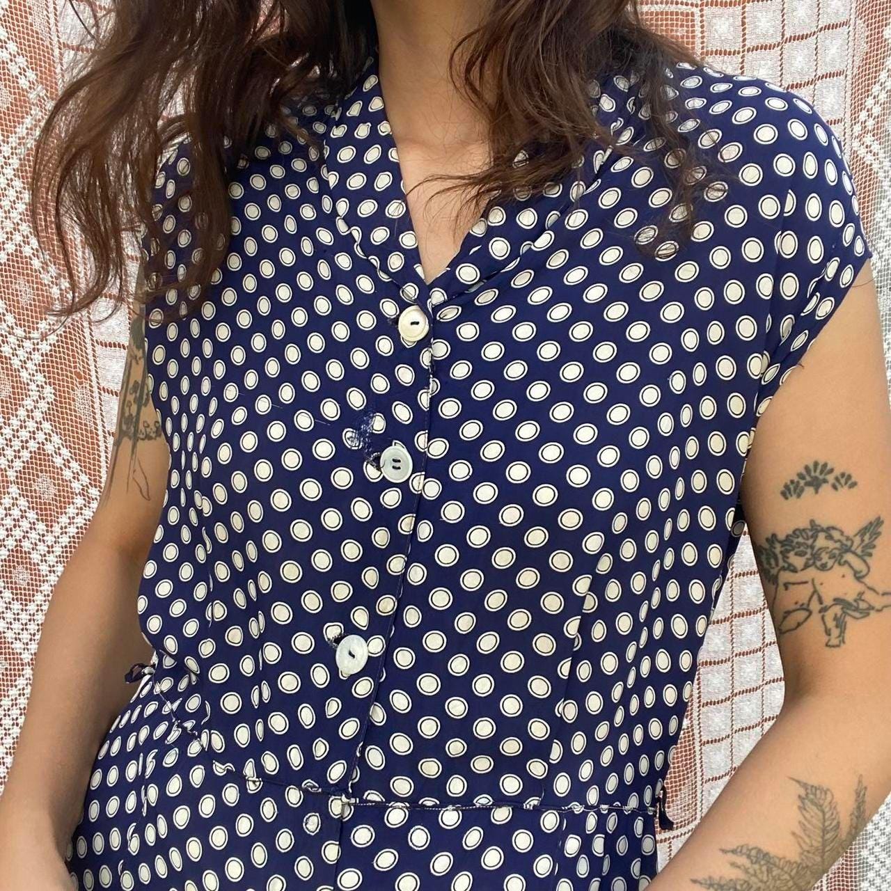 1940s rayon navy polka dot dress