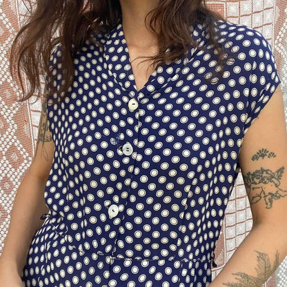 1940s rayon navy polka dot dress