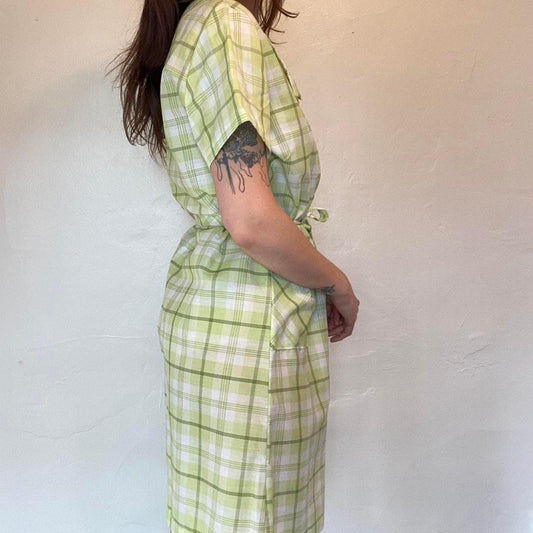 1960s vintage mod light green plaid a-line mini dress polyester/cotton blend