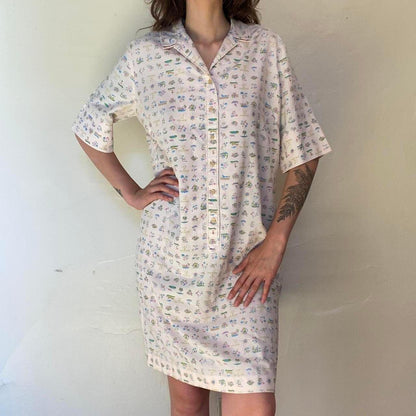 1960s vintage french novelty print "Les 4 Saisons" light pink cotton shift dress