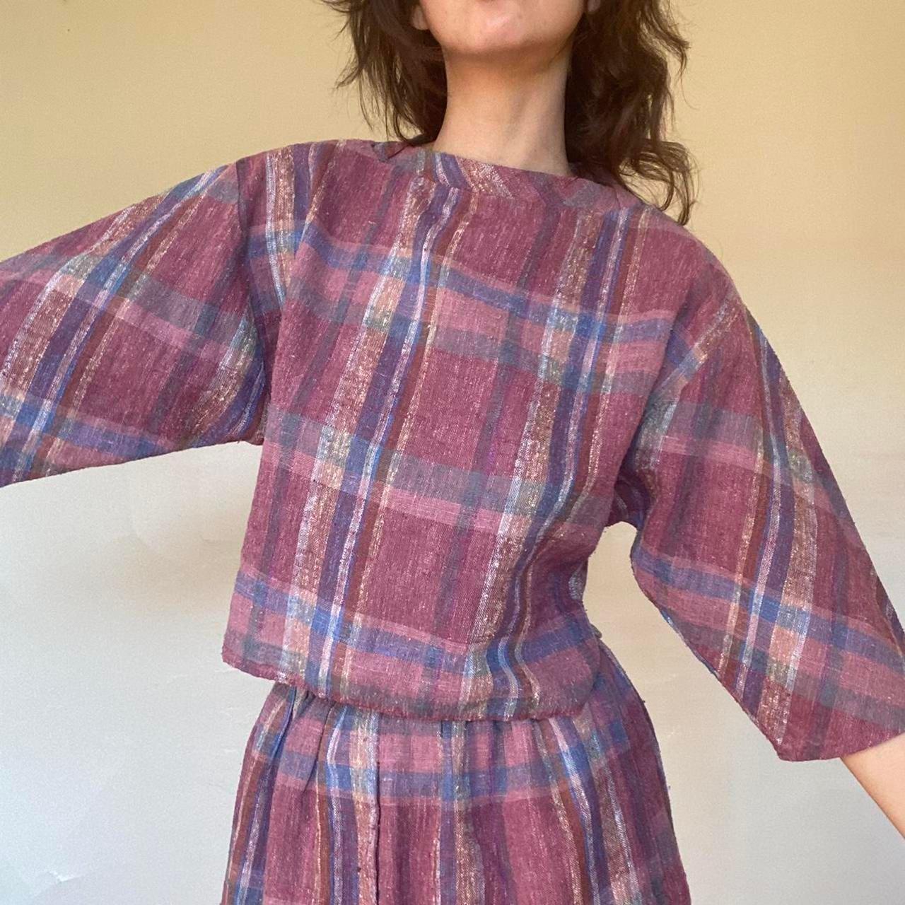 1970s Ann Stevens New York purple plaid linen 2 piece set