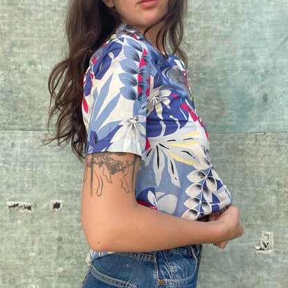 1970s cotton blue floral button up blouse