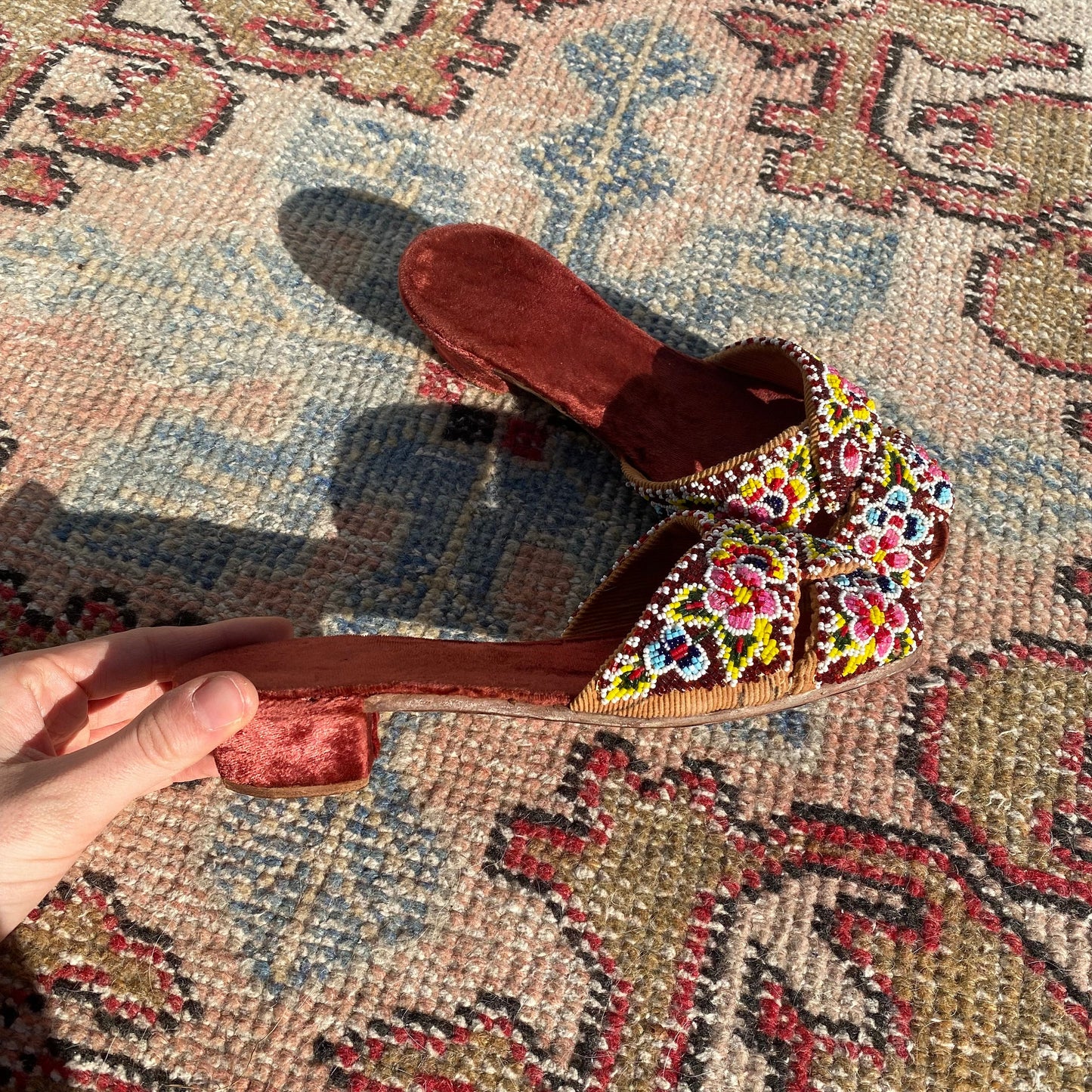 DEADSTOCK 1930s “Quality Slippers” Handmade Glass Beaded Velvet Slippers/Sandals with Wooden Kitten Heel, never been worn!!