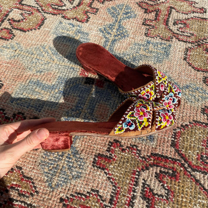DEADSTOCK 1930s “Quality Slippers” Handmade Glass Beaded Velvet Slippers/Sandals with Wooden Kitten Heel, never been worn!!