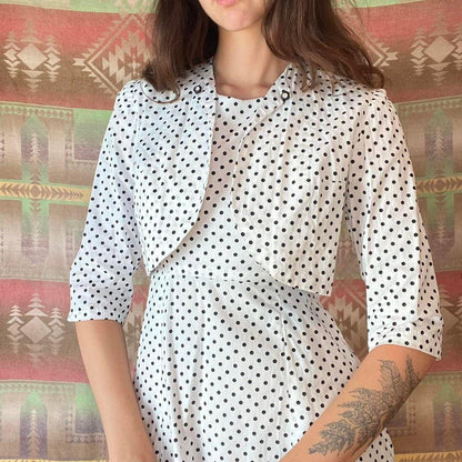 1950s vintage cotton mini flare polka dot dress with matching little jacket