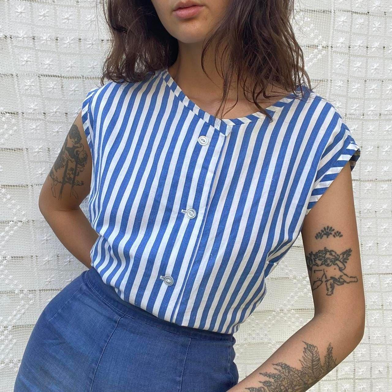 1950s cotton blue and white striped button up tank top