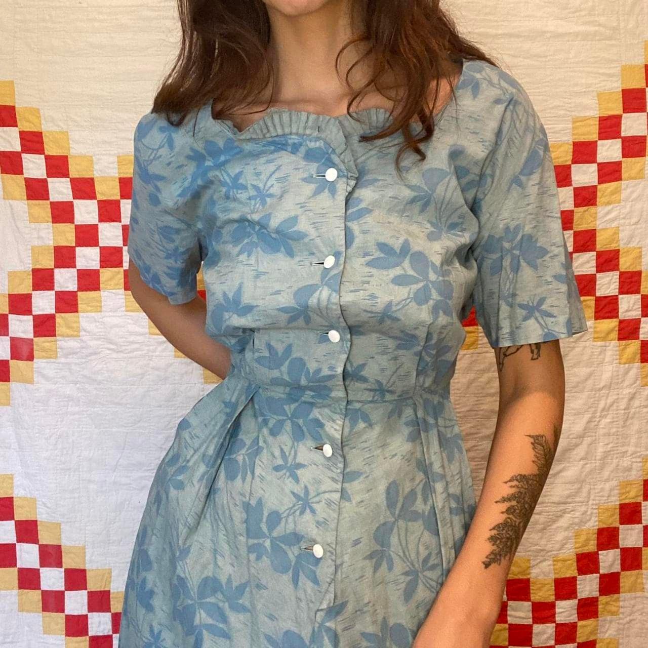1940s overdyed blue floral paisley boho cotton shirt dress