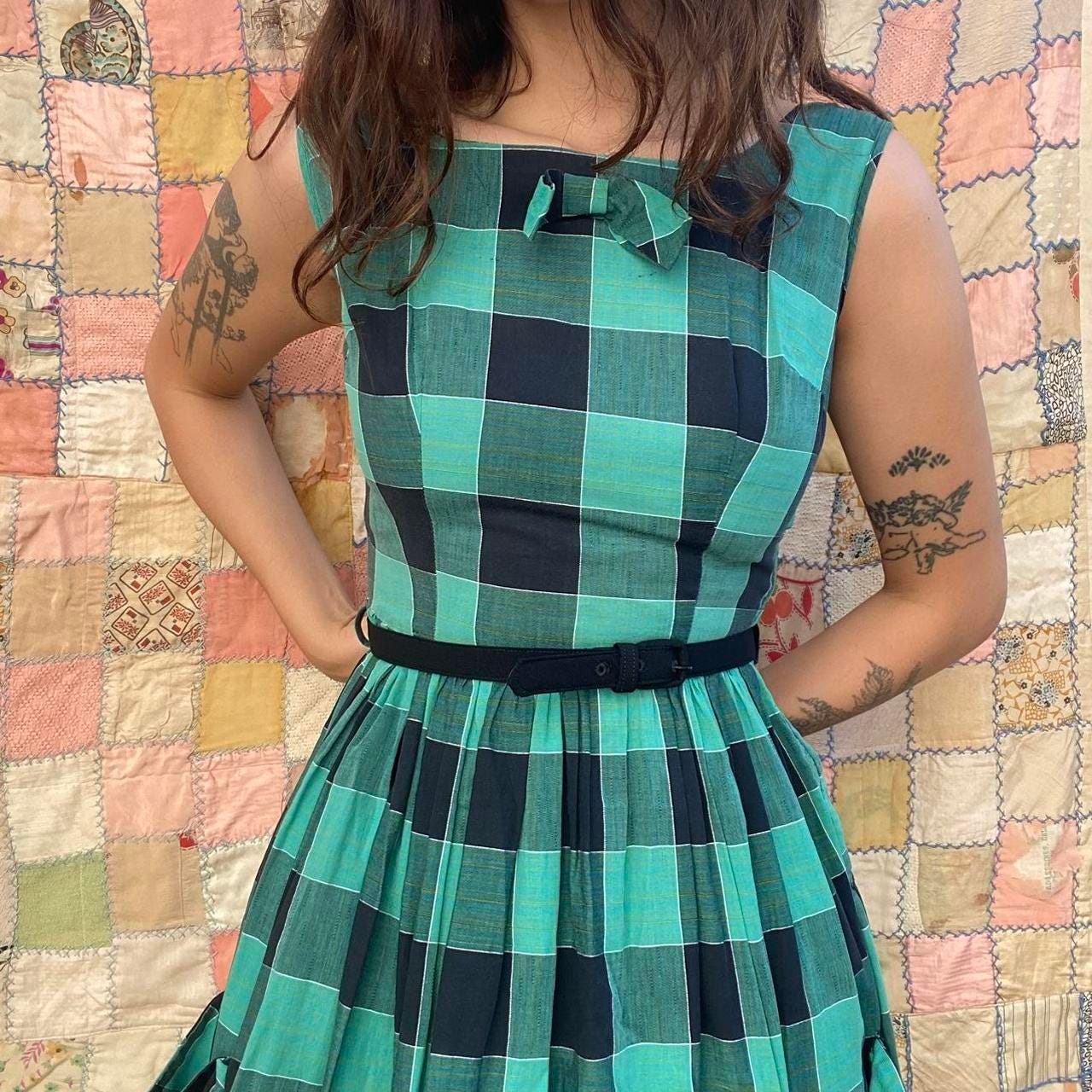 1950s cotton plaid mini fit and flare dress