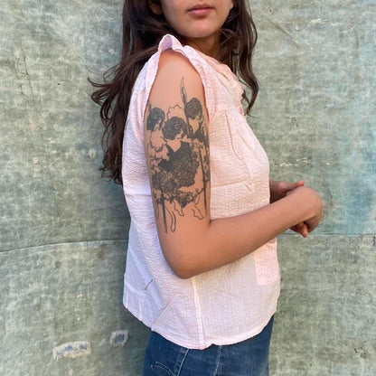 1950s pink cotton seersucker ruffle pajama top