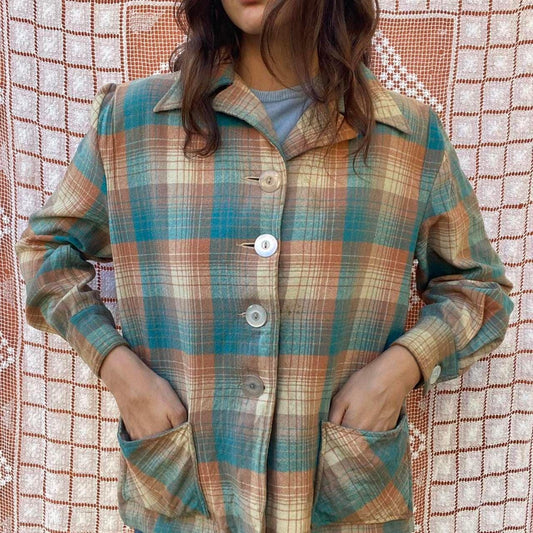 1940s/1950s wool pink and blue plaid jacket