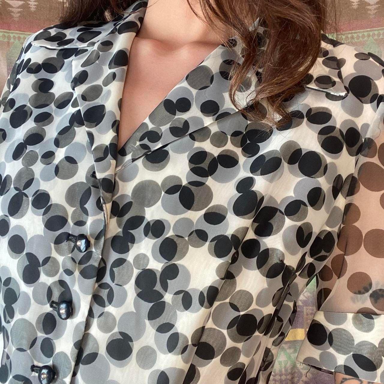 1950s rayon black and white polka dot esque patterned shirt dress