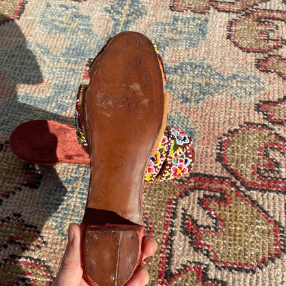 DEADSTOCK 1930s “Quality Slippers” Handmade Glass Beaded Velvet Slippers/Sandals with Wooden Kitten Heel, never been worn!!