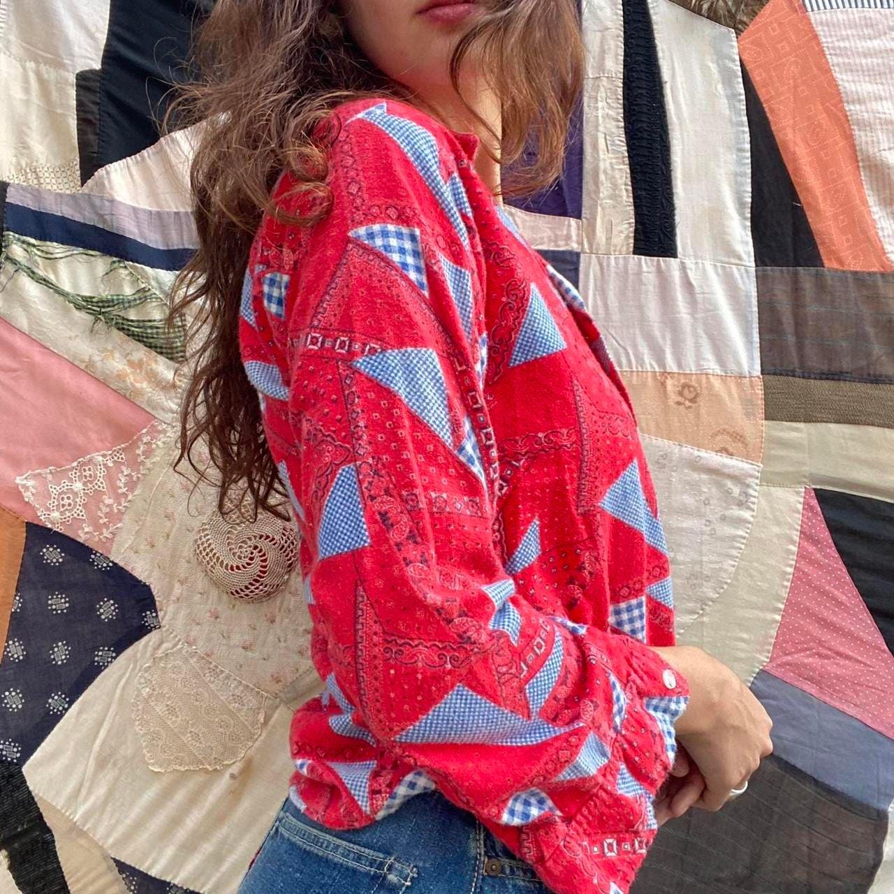 1970s cotton flannel bandana patchwork button up shirt