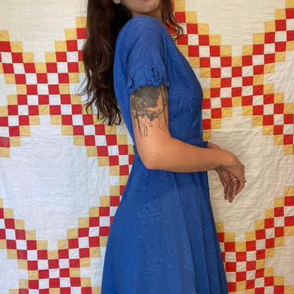 1950s bright blue rayon moire print evening mini dress with matching belt