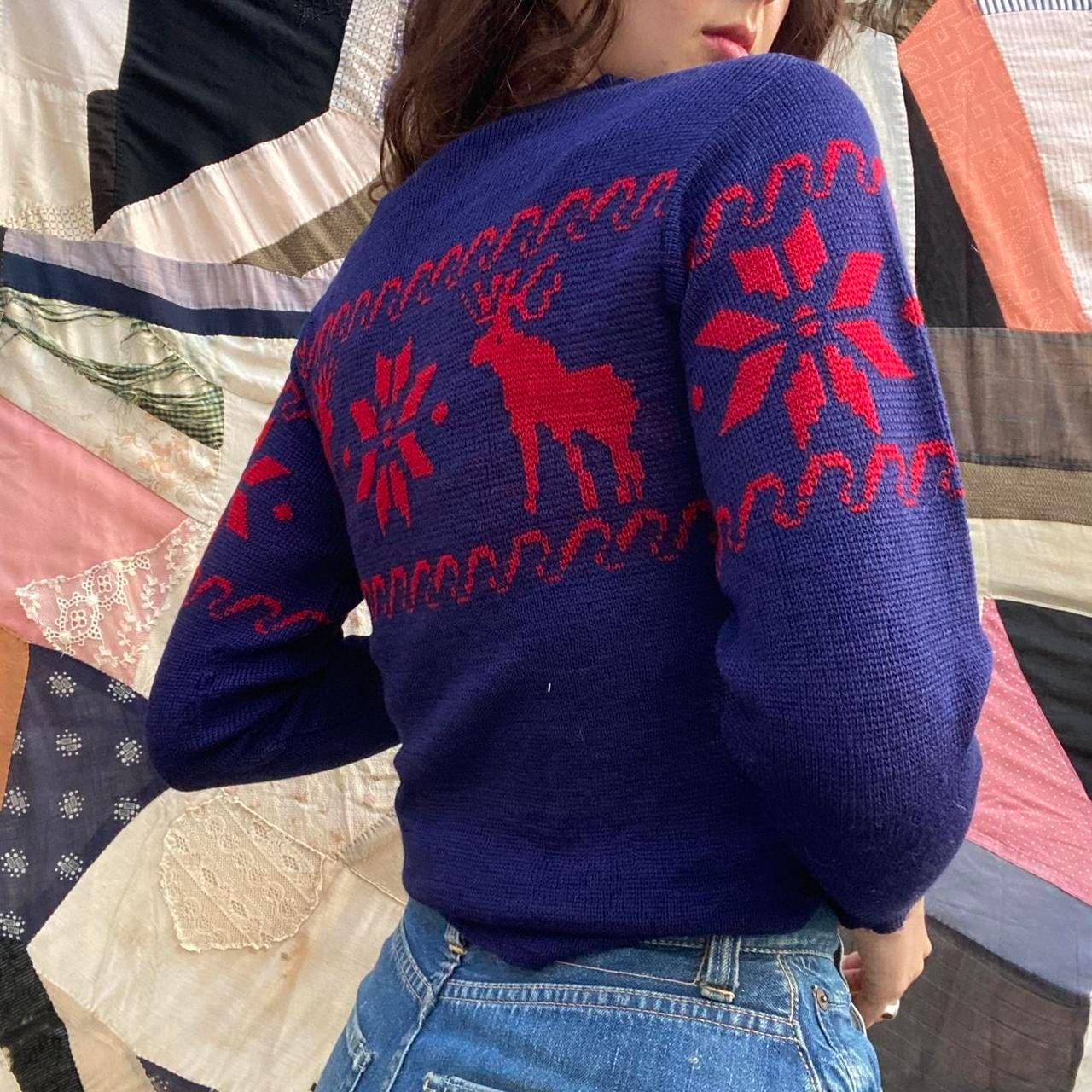 1950s vintage blue and red moose wool picture knit