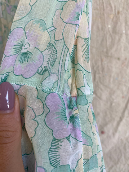 1930s pansy print cotton voile tiered dress
