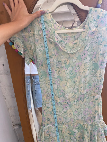 1930s pansy print cotton voile tiered dress