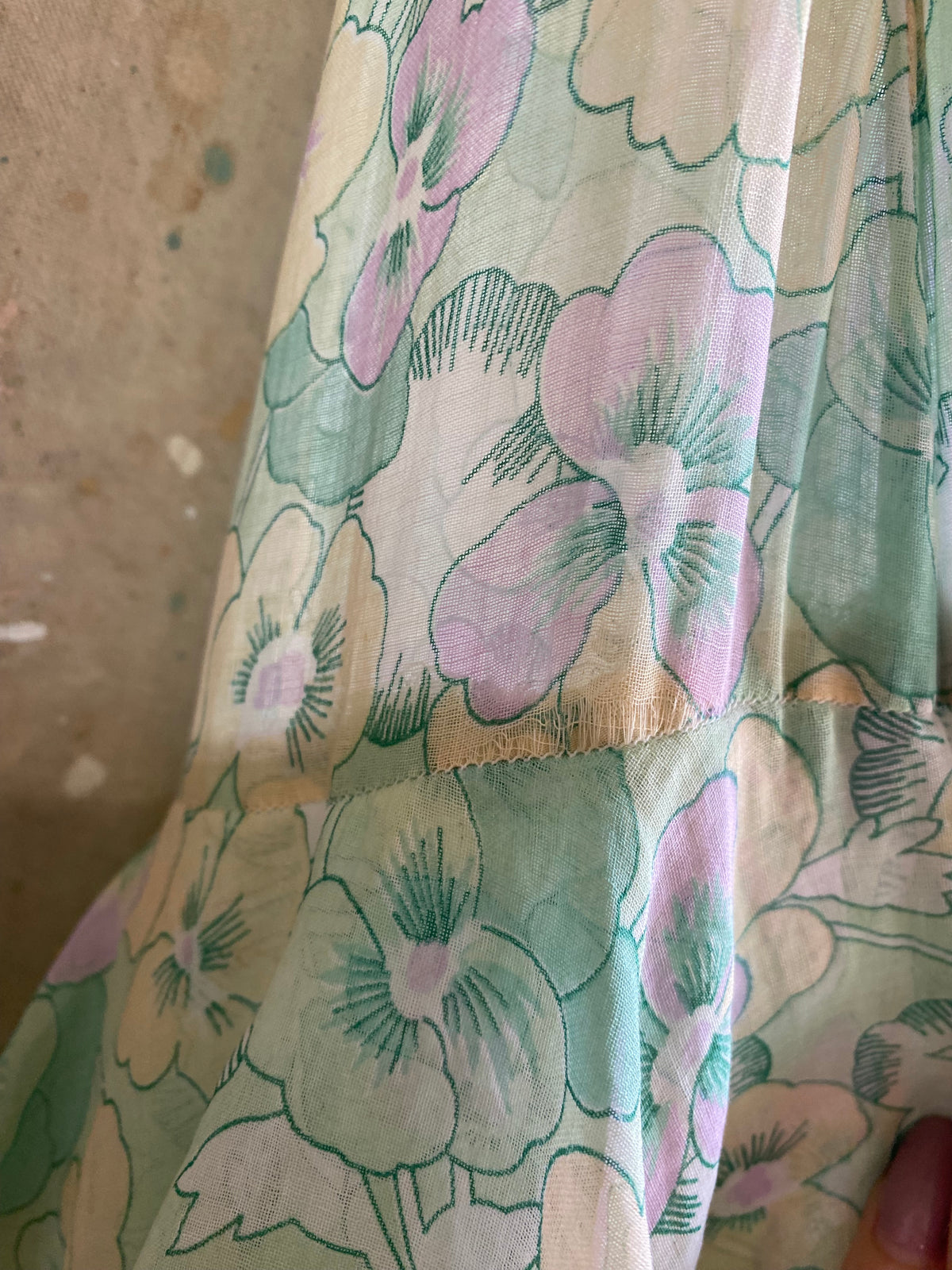 1930s pansy print cotton voile tiered dress