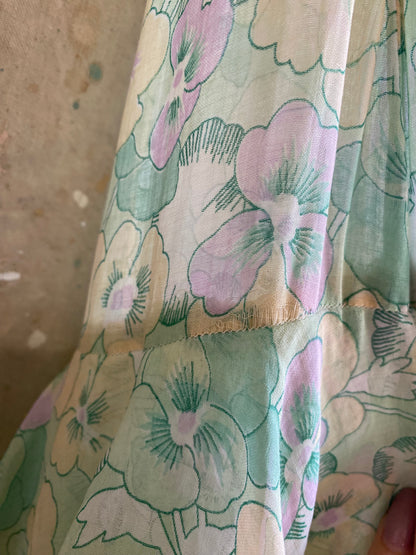 1930s pansy print cotton voile tiered dress