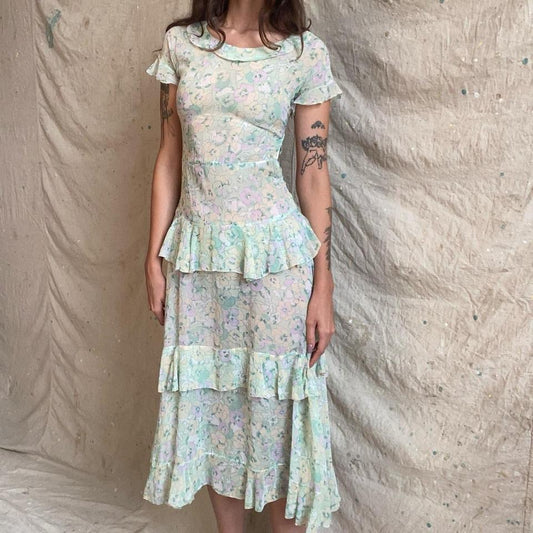 1930s pansy print cotton voile tiered dress