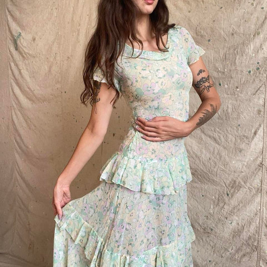 1930s pansy print cotton voile tiered dress