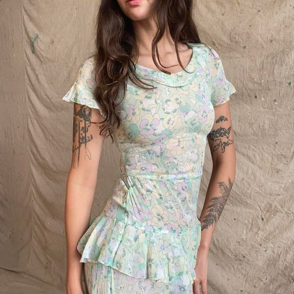 1930s pansy print cotton voile tiered dress