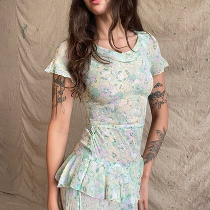 1930s pansy print cotton voile tiered dress
