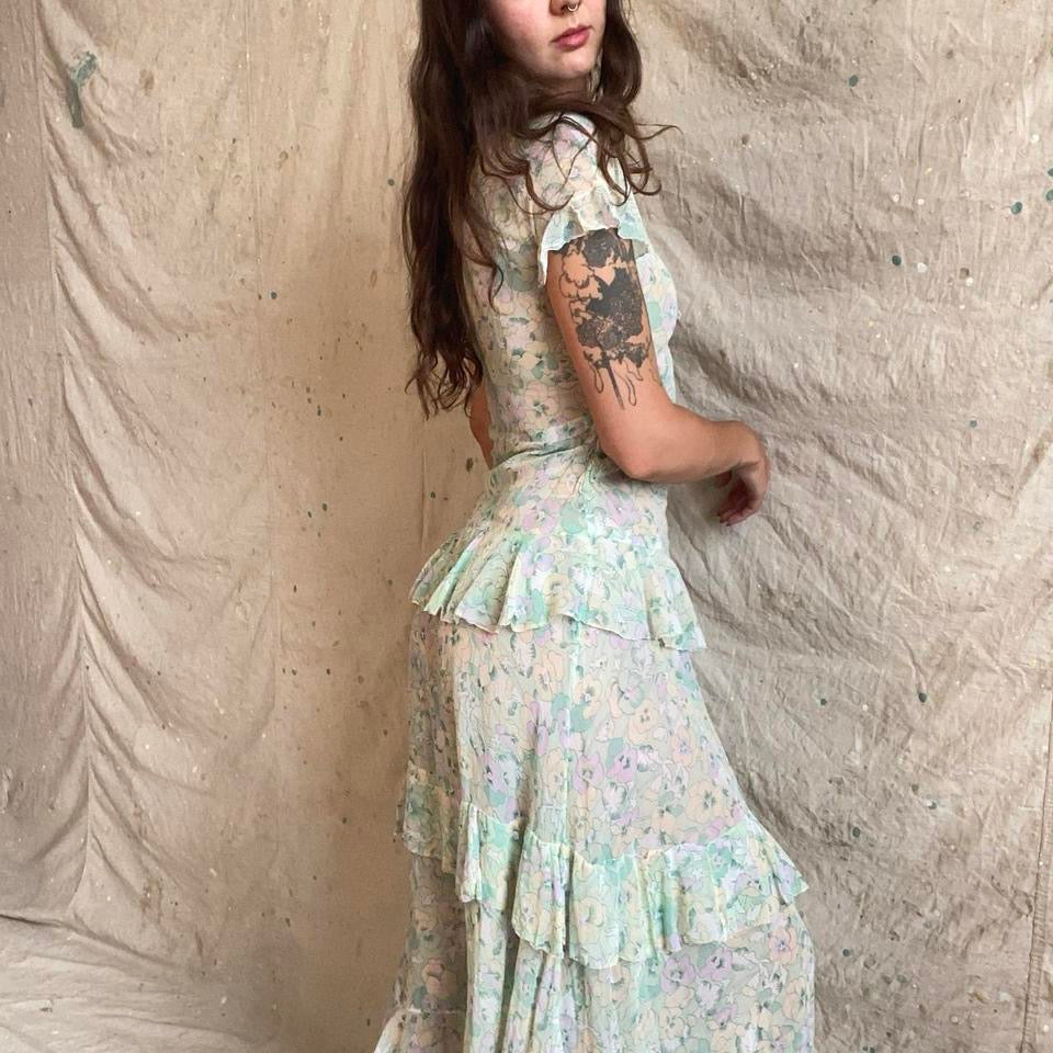 1930s pansy print cotton voile tiered dress