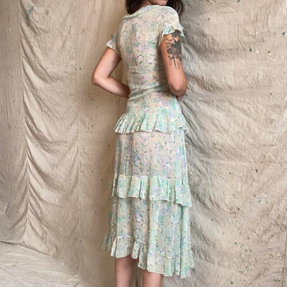 1930s pansy print cotton voile tiered dress