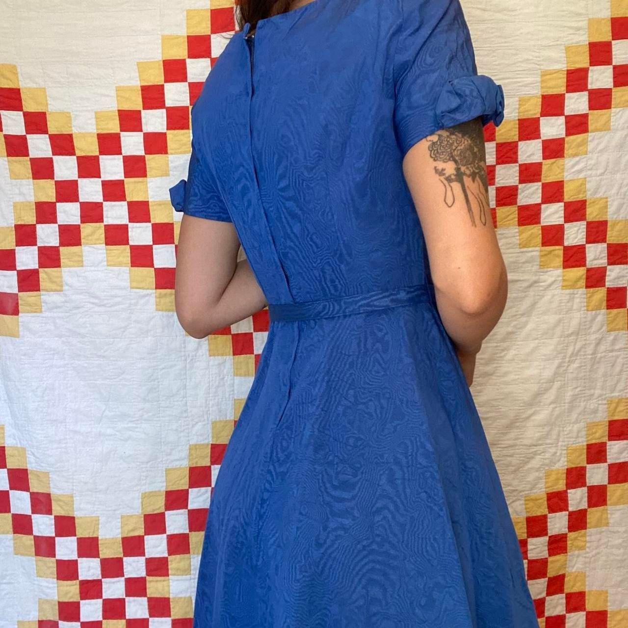 1950s bright blue rayon moire print evening mini dress with matching belt