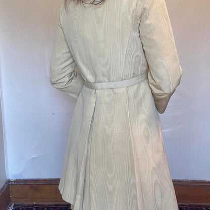 1960s union made butter yellow moire rayon trench coat and pleats on the back
