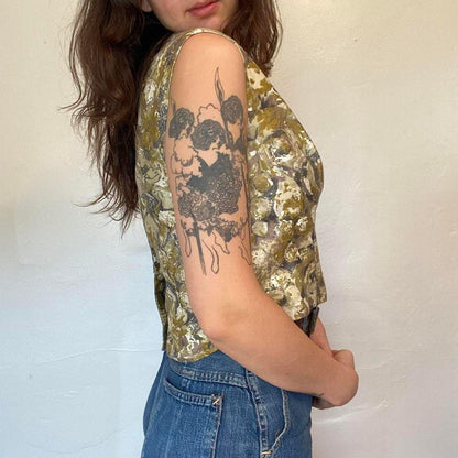 1950s vintage silk purple floral sleeveless blouse